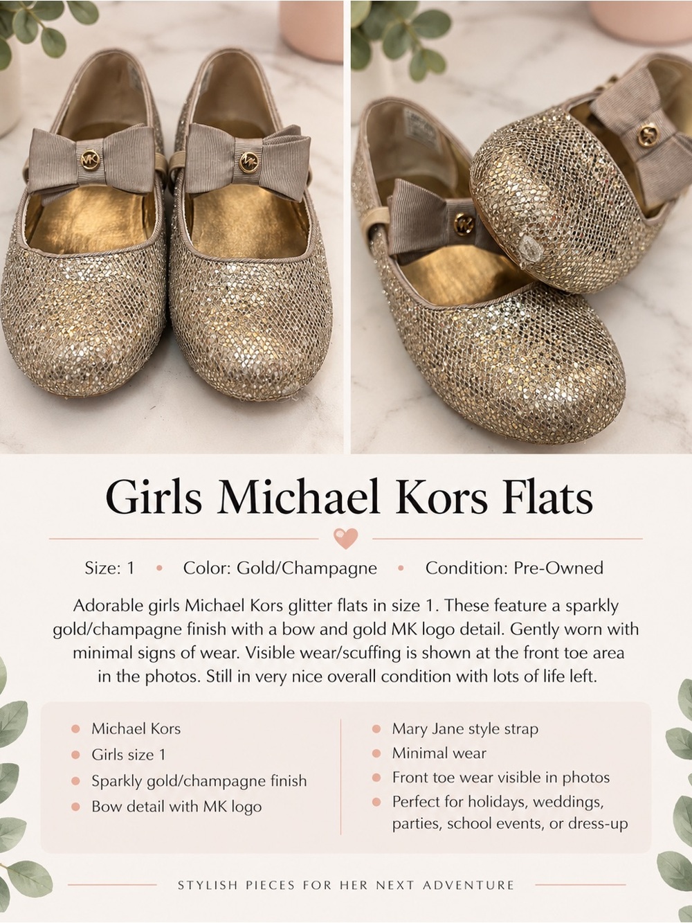 Michael Kors Girls Gold Glitter Mary Jane with Bow Accent